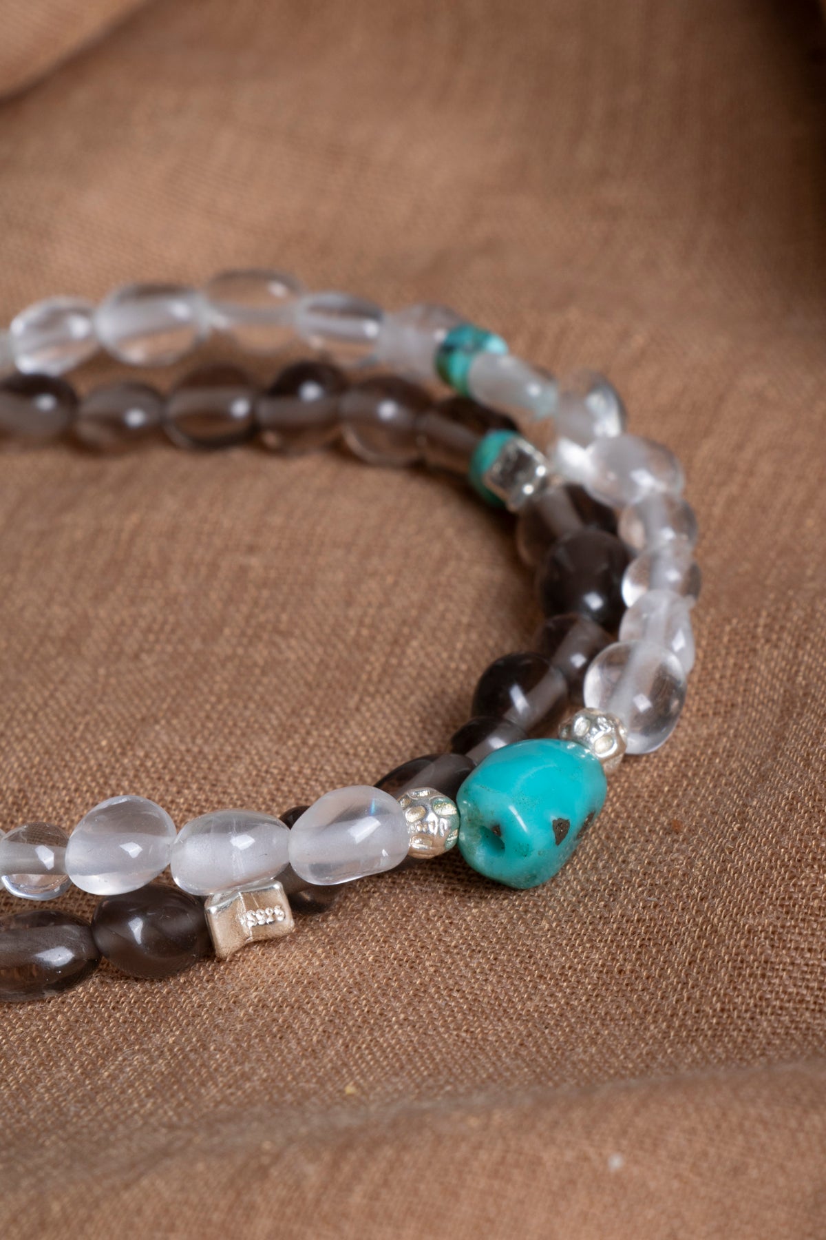 Laboratory Certified Moonstone, Smoky Quartz & Turquoise 925 Sterling Silver Bracelet