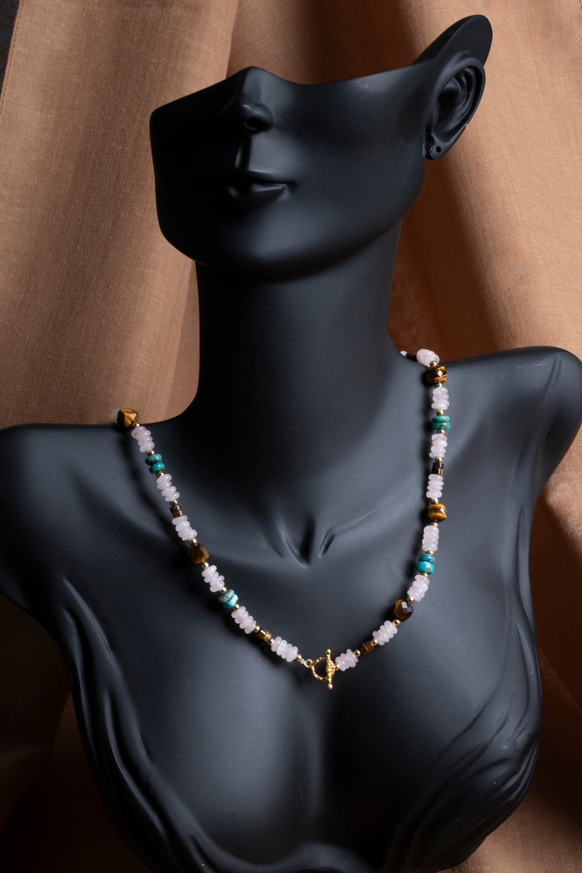 Laboratory Certified Tiger’s Eye, Rose Quartz & Turquoise 925 Sterling Silver Necklace