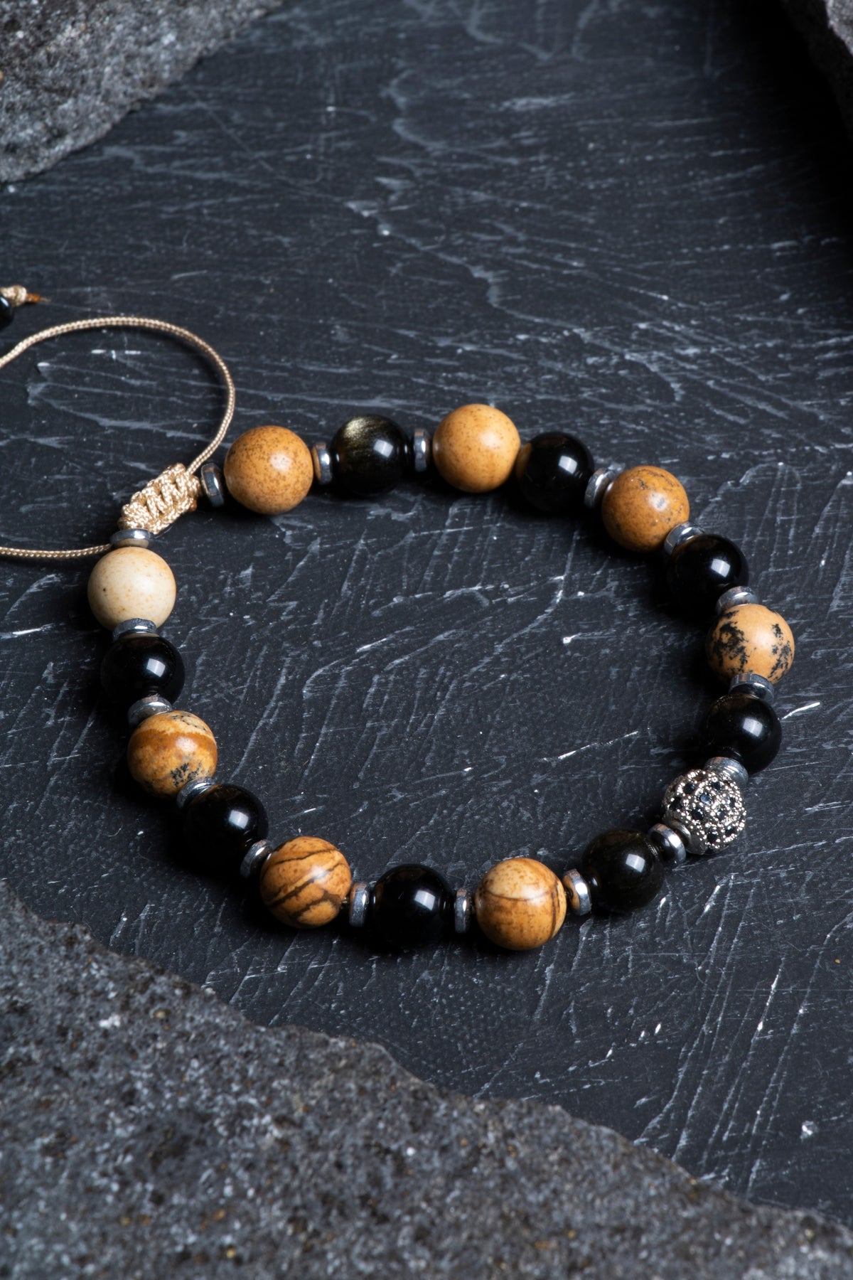 Laboratory Certified Jasper & Obsidian Natural Stone Bracelet