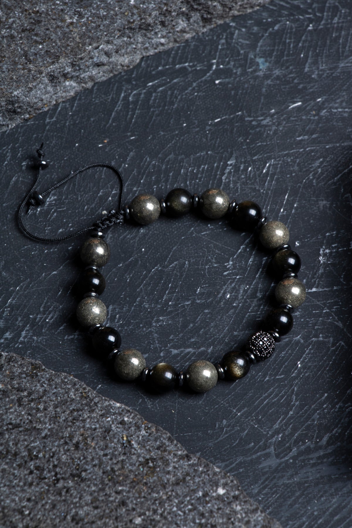 Laboratory Certified Pyrite & Obsidian Natural Stone Bracelet