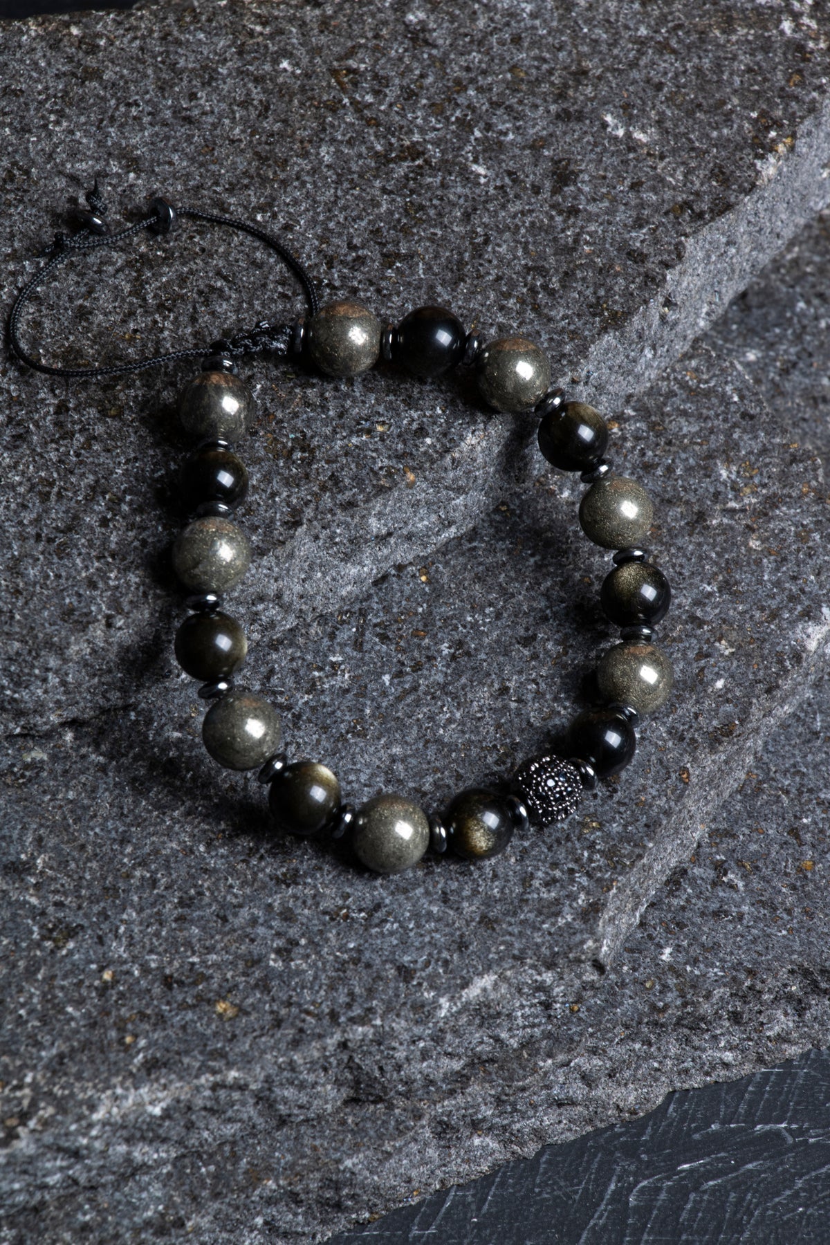 Laboratory Certified Pyrite & Obsidian Natural Stone Bracelet