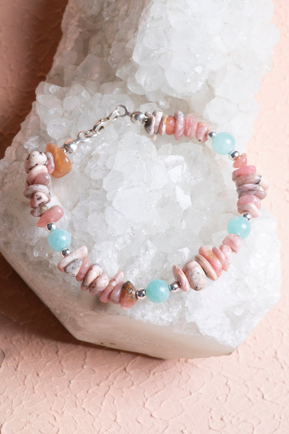 Laboratory Certified Rhodochrosite & Aquamarine 925 Sterling Silver Bracelet