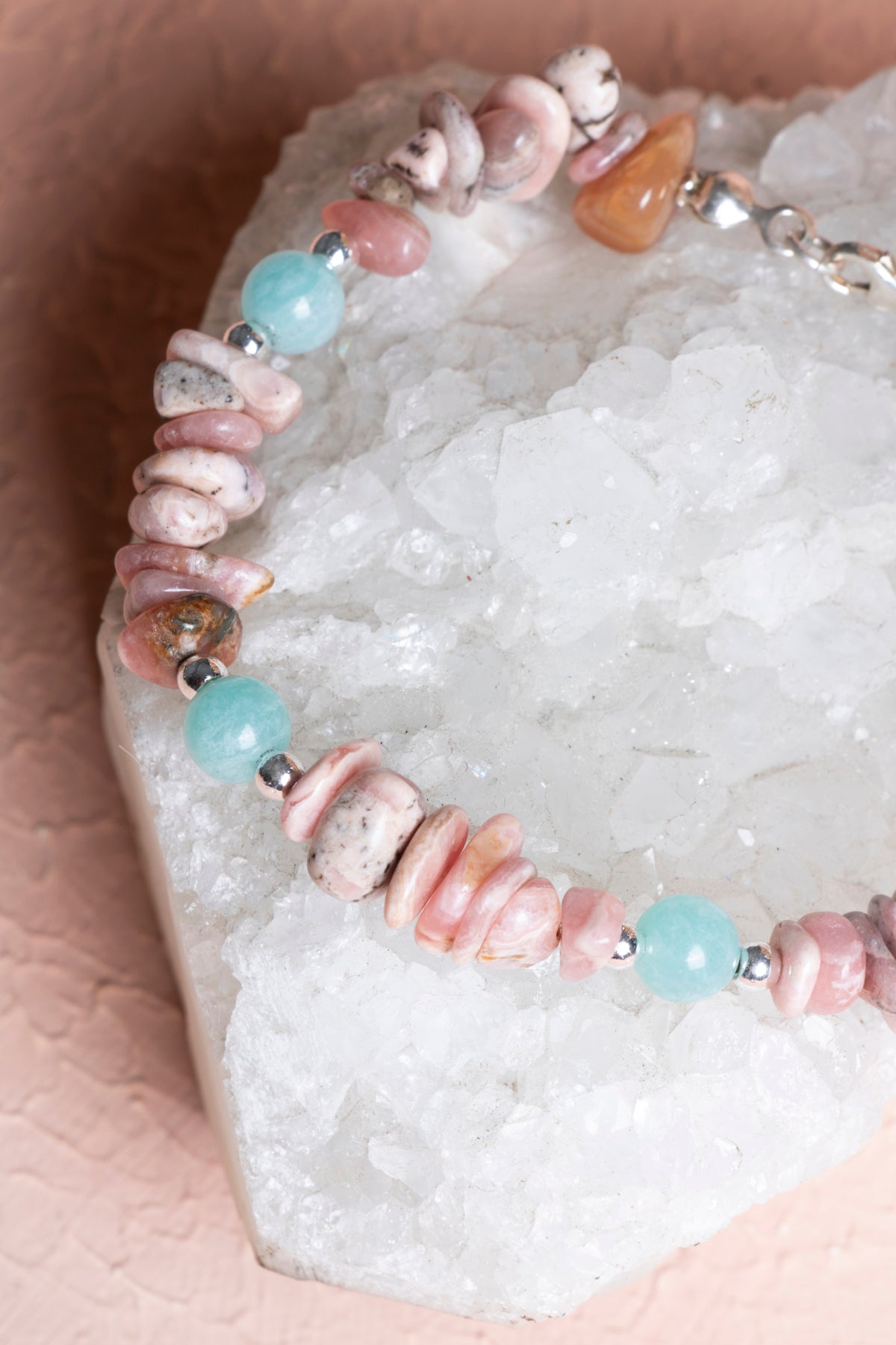 Laboratory Certified Rhodochrosite & Aquamarine 925 Sterling Silver Bracelet