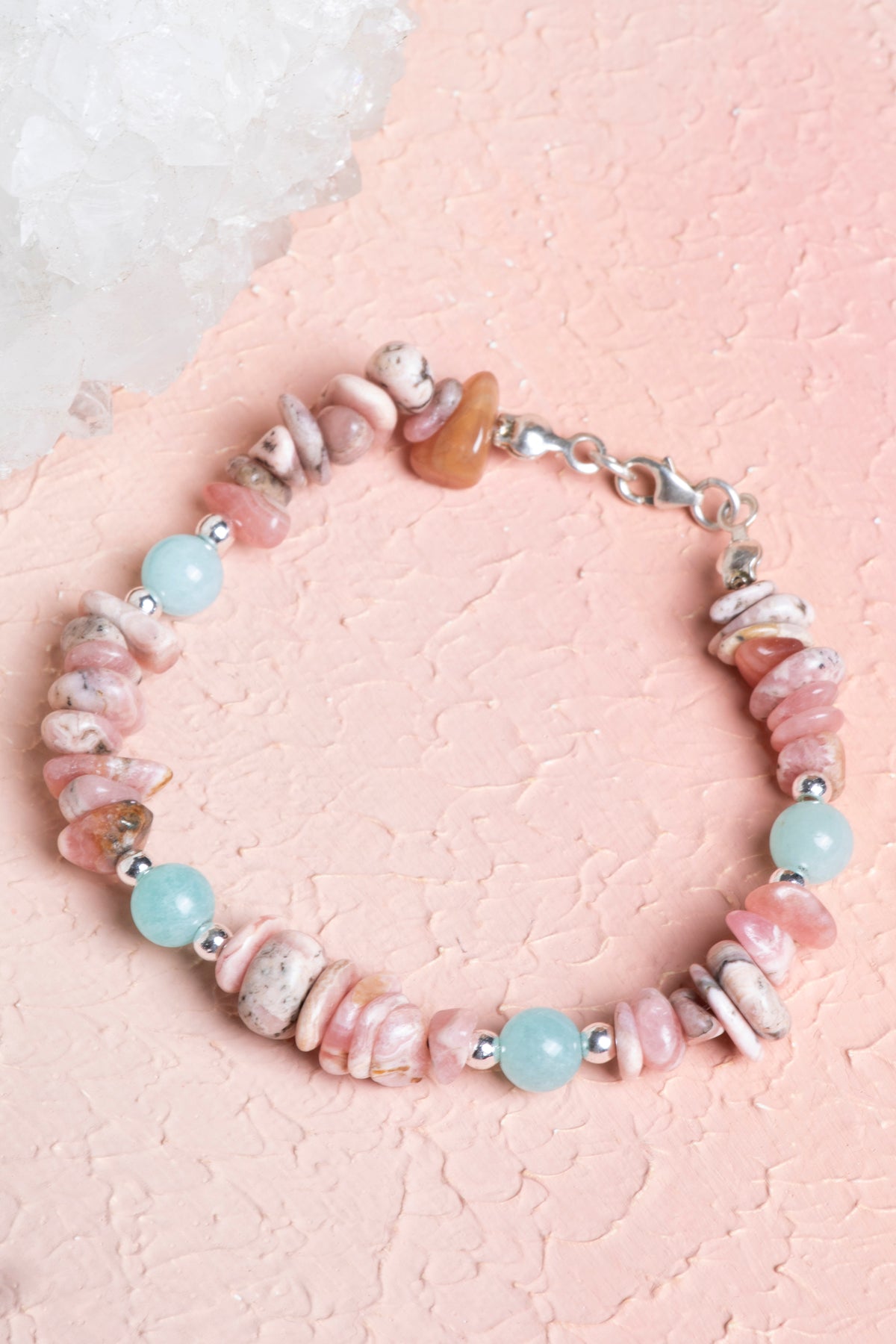 Laboratory Certified Rhodochrosite & Aquamarine 925 Sterling Silver Bracelet