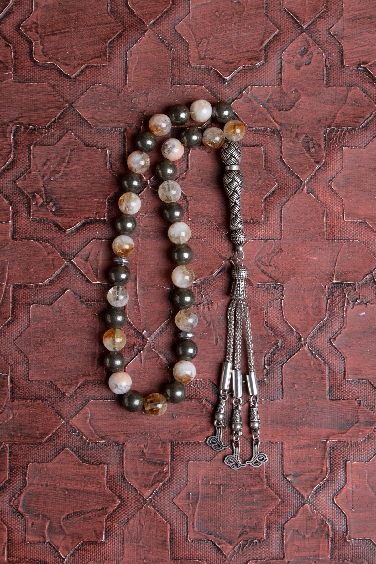 Laboratory Certified Citrine & Pyrite Natural Stone Prayer Beads 33 Beads – 8 mm