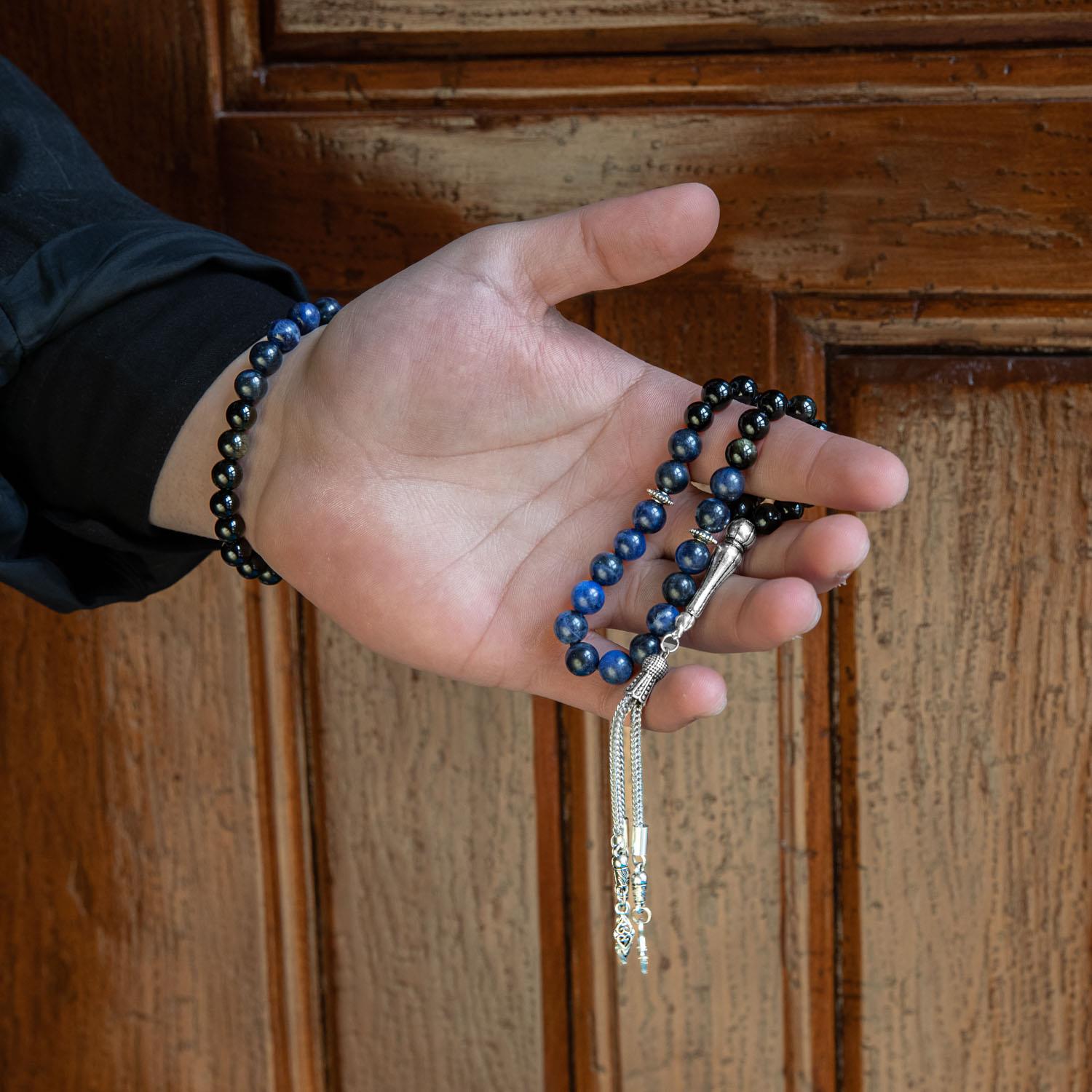 Obsidian & Dumortierite Natural Gemstone Prayer Beads & Bracelet Set
