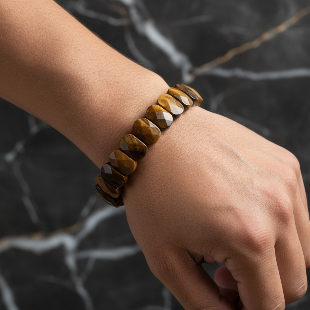 Yellow Tiger's Eye Wide Cut Natural Gemstone Bracelet