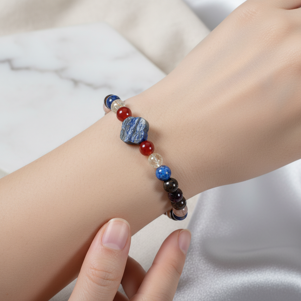 Laboratory Certified Leo Zodiac Natural Stone Bracelet – Burgundy Garnet (Lal), Bronzite, Sunstone, Red Agate, Lapis Lazuli & Citrine