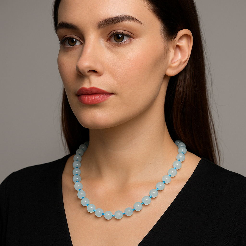 Laboratory Certified Aquamarine 8 mm Knotted Natural Stone Necklace