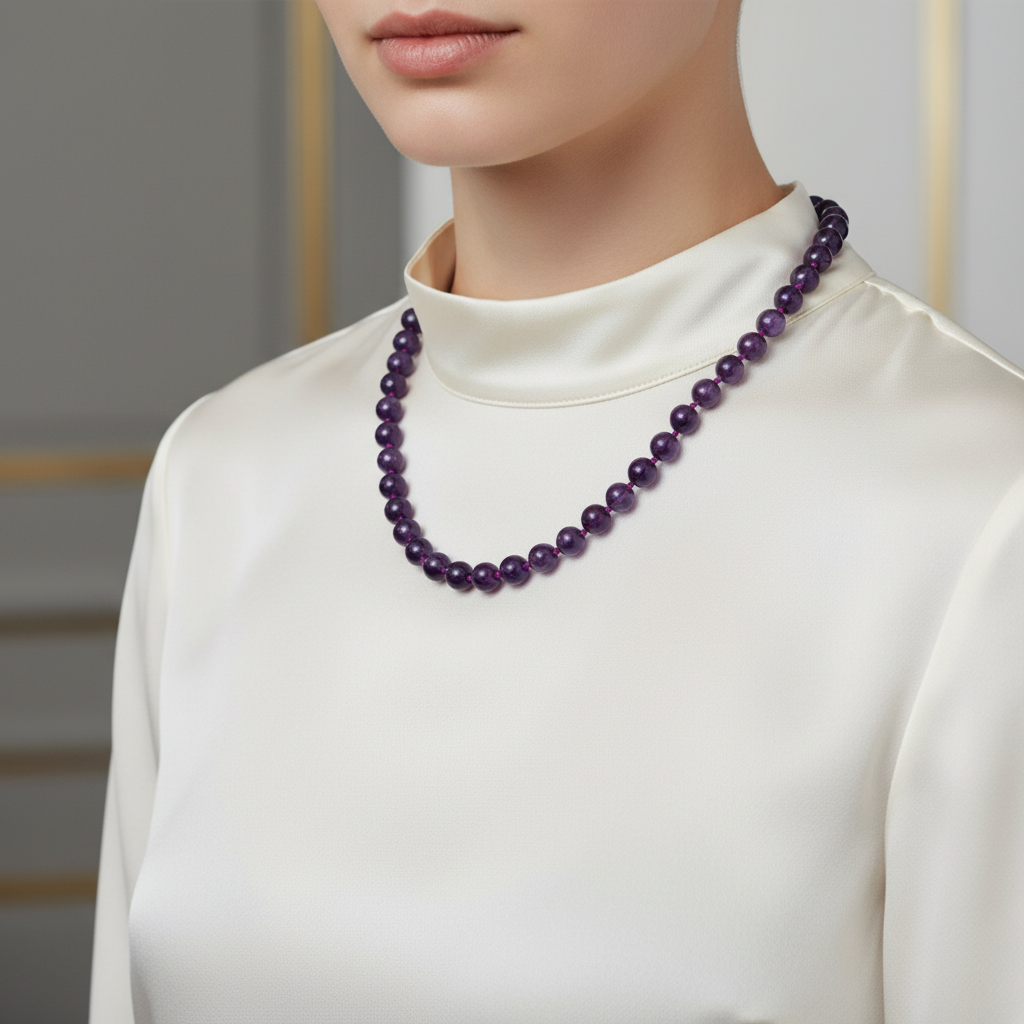 Laboratory Certified Amethyst 8 mm Knotted Natural Stone Necklace