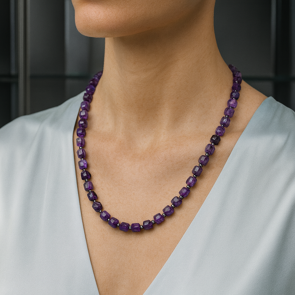 Laboratory Certified Amethyst - Hematite Natural Stone Gumus Kapama Necklace