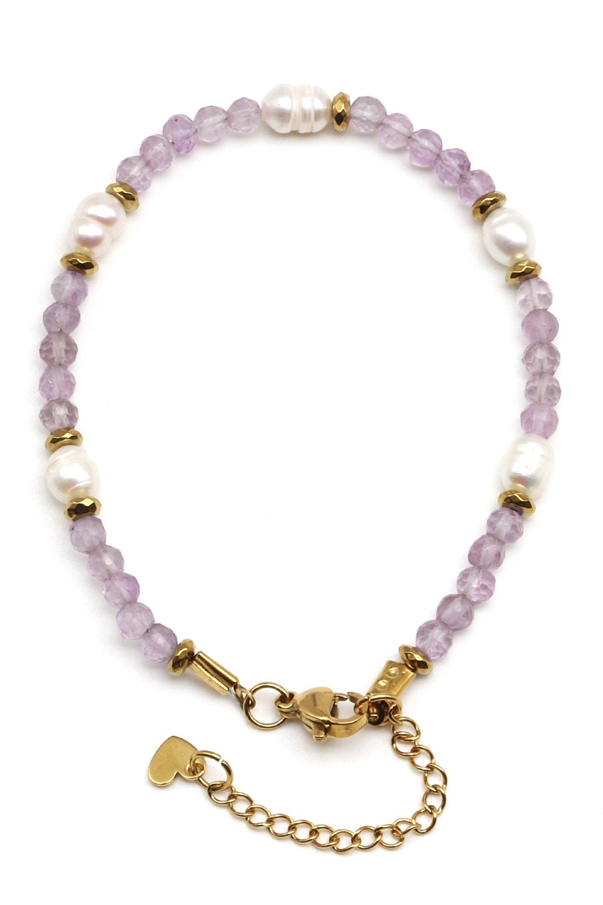 Laboratory Certified Amethyst & Pearl Natural Stone Bracelet – Rondelle Cut, Steel Clasp