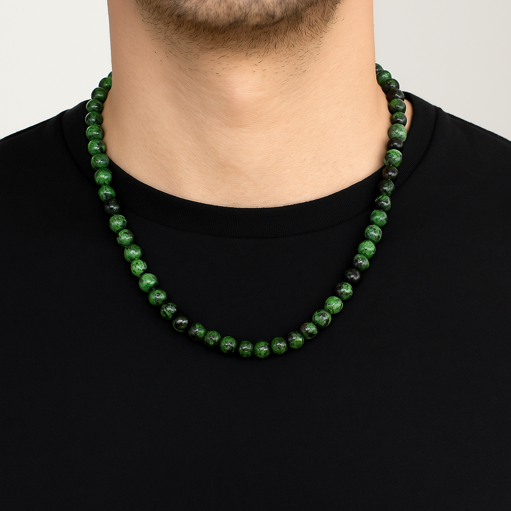 Laboratory Certified Anyolite 8 mm Natural Stone Necklace