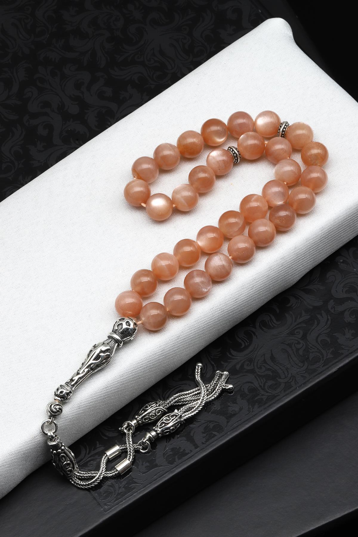 Laboratory Certified Moonstone Natural Stone Prayer Beads 925 Sterling Silver 8 mm Round Bead Cut (33 Beads)