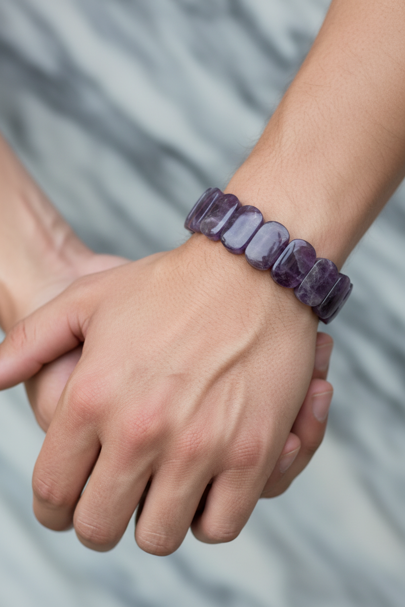 Amethyst Wide Cut Special Cut Natural Gemstone Bracelet (9 x 14 mm)
