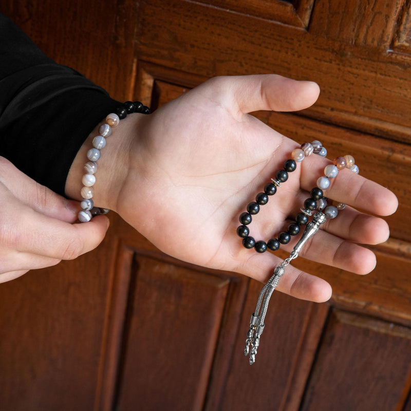 Laboratory Certified Botswana Agate & Obsidian Natural Gemstone Prayer Beads & Bracelet Set