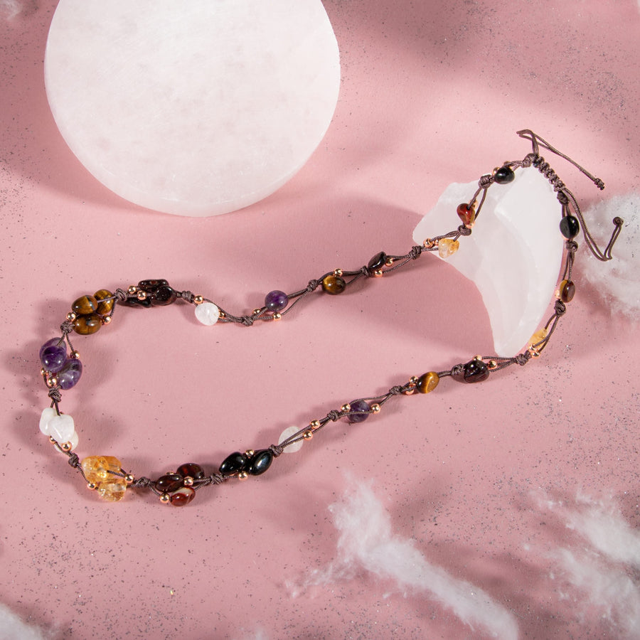 Laboratory Certified Scorpio Zodiac Natural Stone Macramé Necklace – Amethyst, Moonstone, Burgundy Garnet, Jasper, Tiger’s Eye, Citrine, Black Tourmaline – Special Design