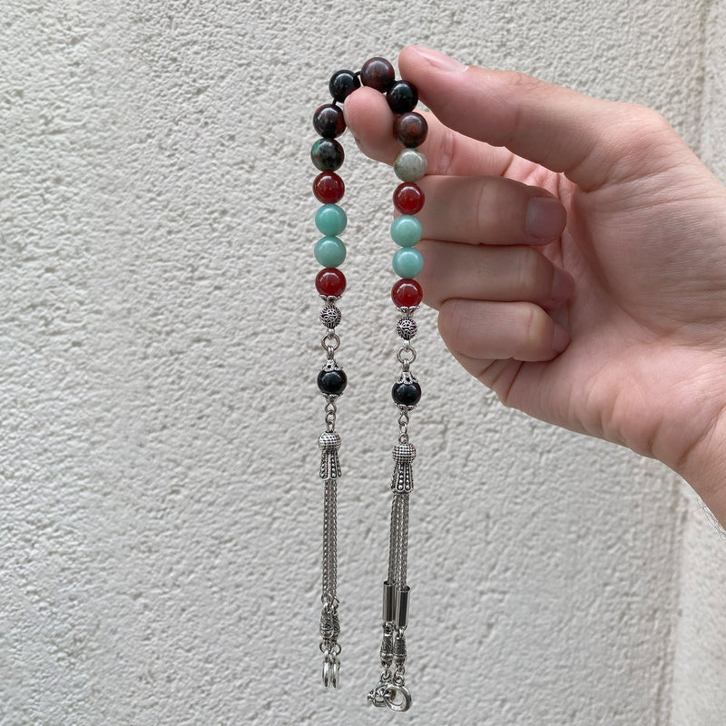Laboratory Certified Virgo Zodiac Zaza-Style-Style Prayer Beads – Amazonite, Jasper, Red Agate, Chrysocolla and Black Tourmaline