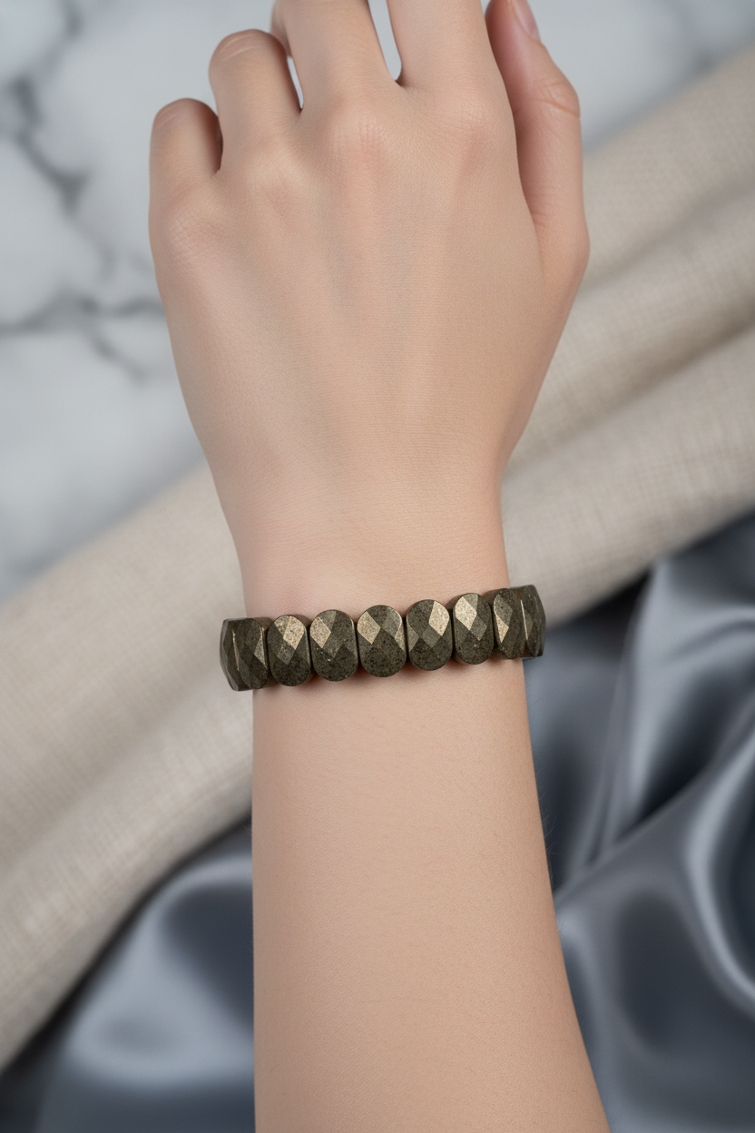 Pyrite Wide Cut Natural Gemstone Bracelet