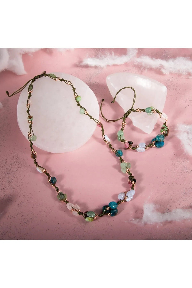 Laboratory Certified Boga Sign Natural Stone Natural Macrame Necklace & Bracelet Set – Apatite, Aventurine, Kyanite, Chalcedony, Chrysopras, Pink Quartz and Tourmaline