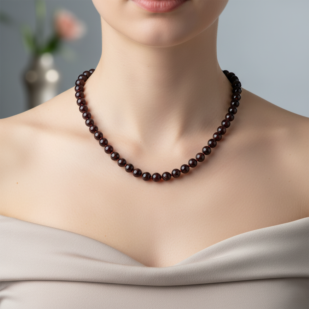 Laboratory Certified Burgundy Garnet 8 mm Knotted Natural Stone Necklace