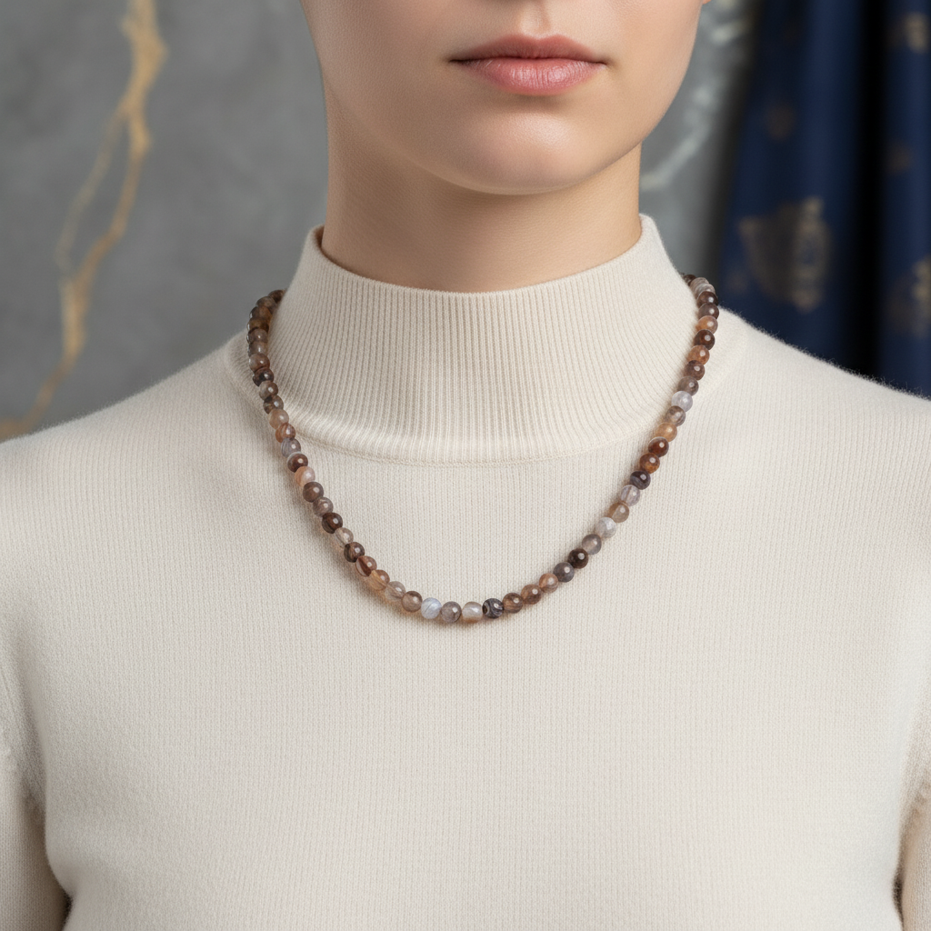 Laboratory Certified Botswana Agate 6 mm Strung Natural Stone Necklace