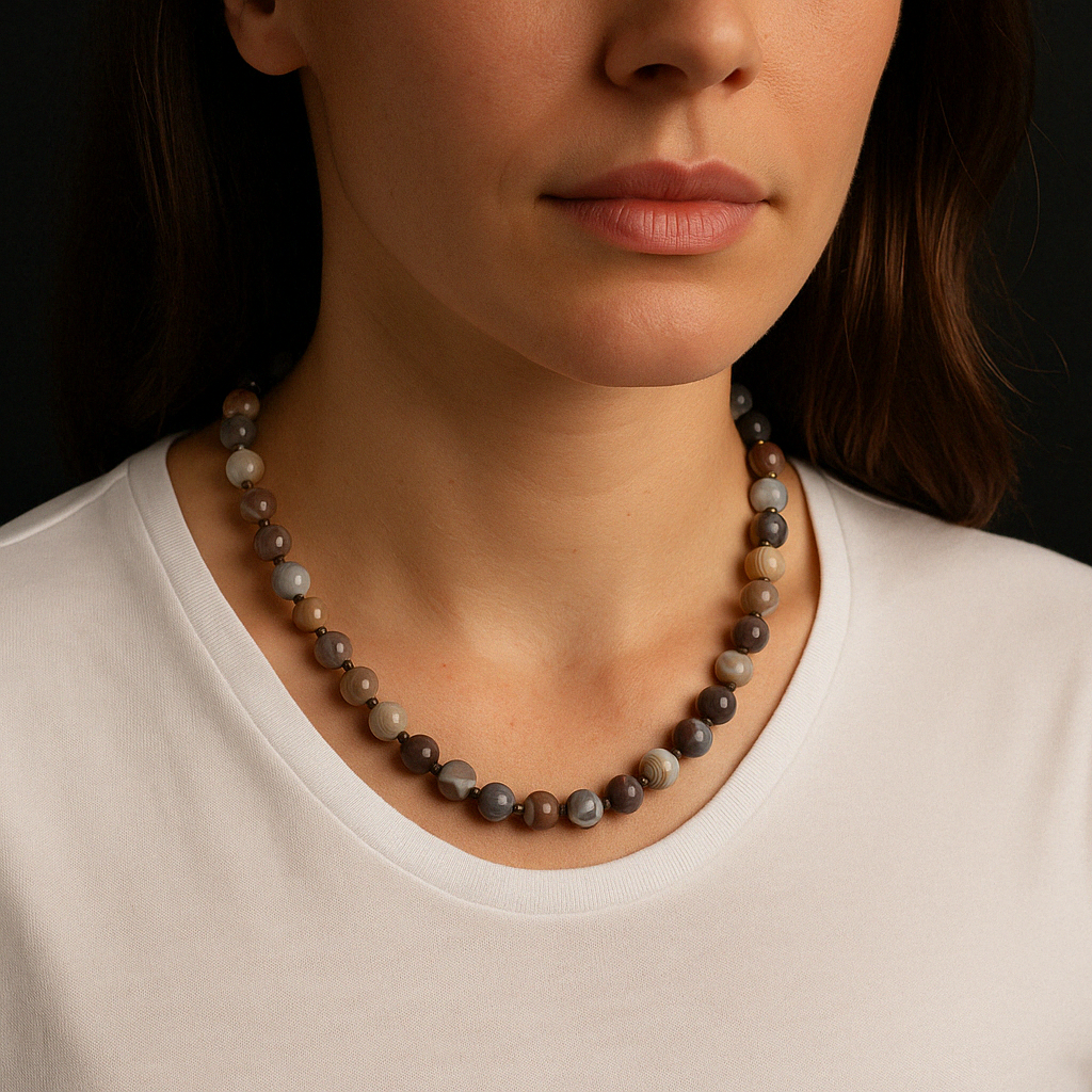 Laboratory Certified Botswana Agate 8 mm Knotted Natural Stone Necklace