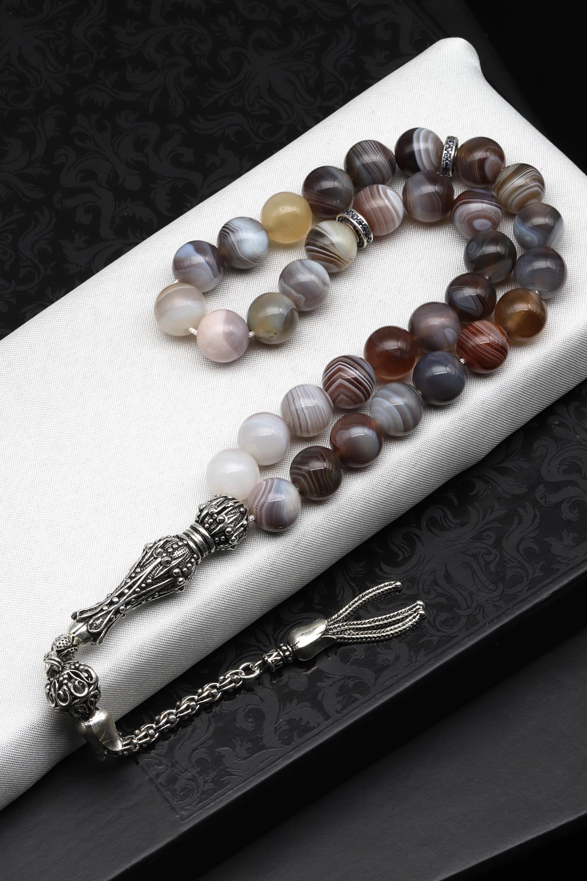 Laboratory Certified Botswana Agate Natural Stone Prayer Beads 925 Sterling Silver 10 mm Round Bead Cut (33 Beads)