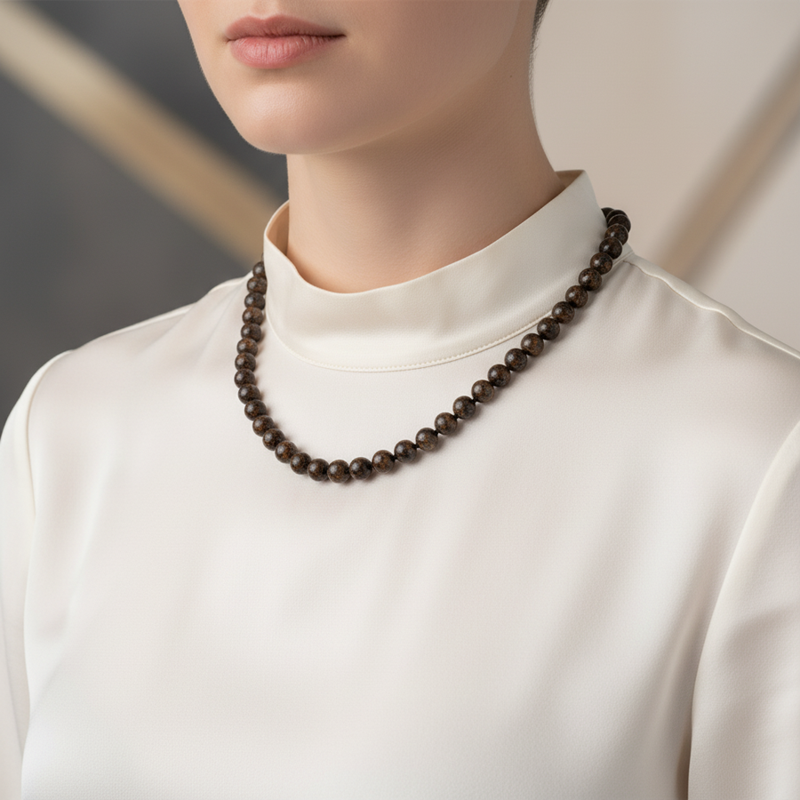 Laboratory Certified Bronzite 8 mm Knotted Natural Stone Necklace