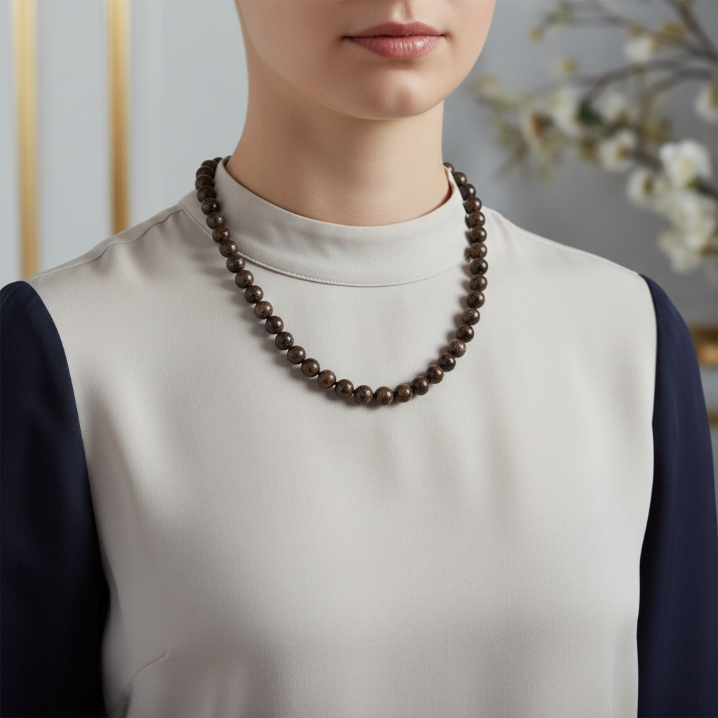 Laboratory Certified Bronzite 8 mm Knotted Natural Stone Necklace