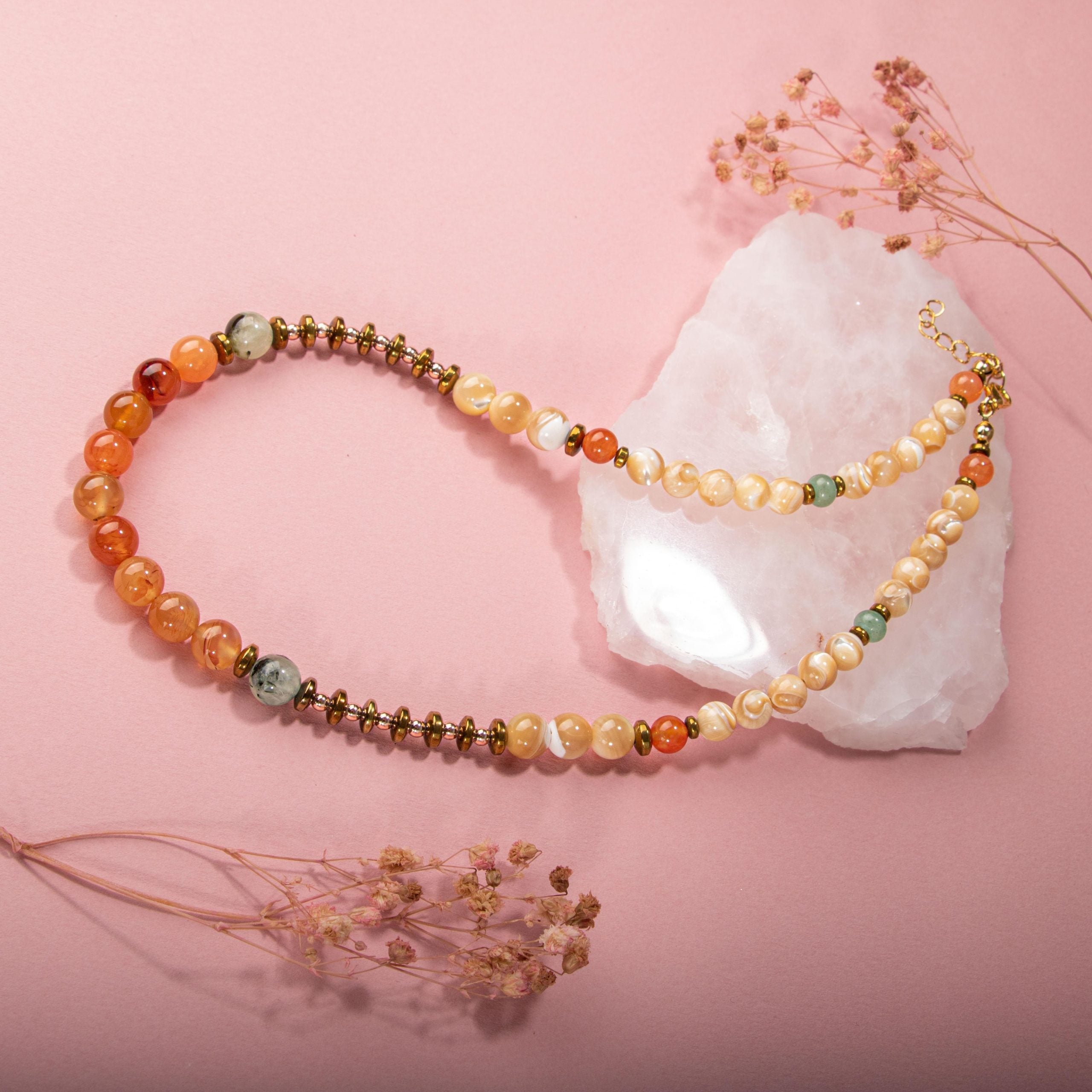 Karnelyan Akik-Turuncu Aventurin-Pehnit-Sedef-Hematit Doğal Taş Kolye