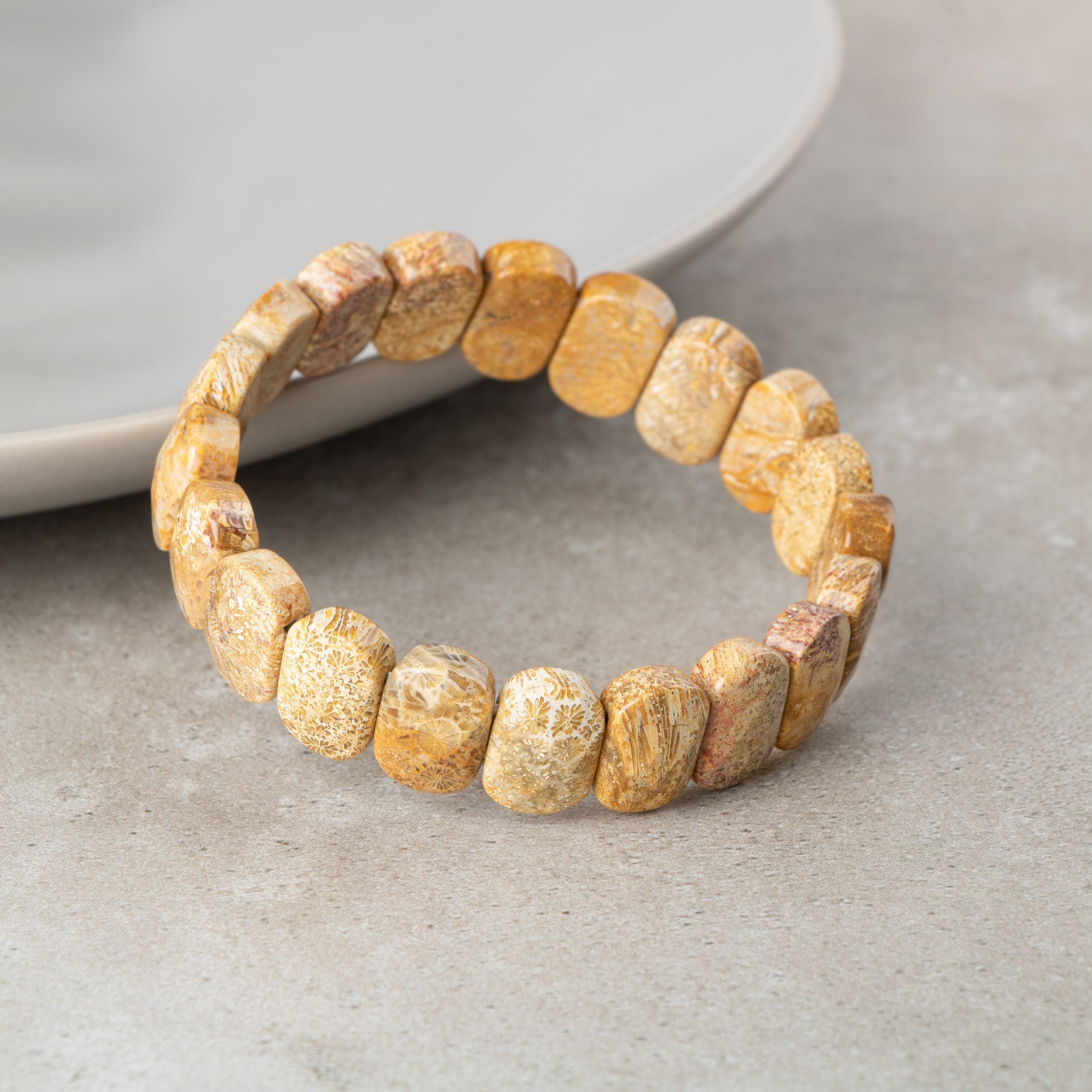 Certified Fossil Coral Wide Cut Natural Gemstone Bracelet