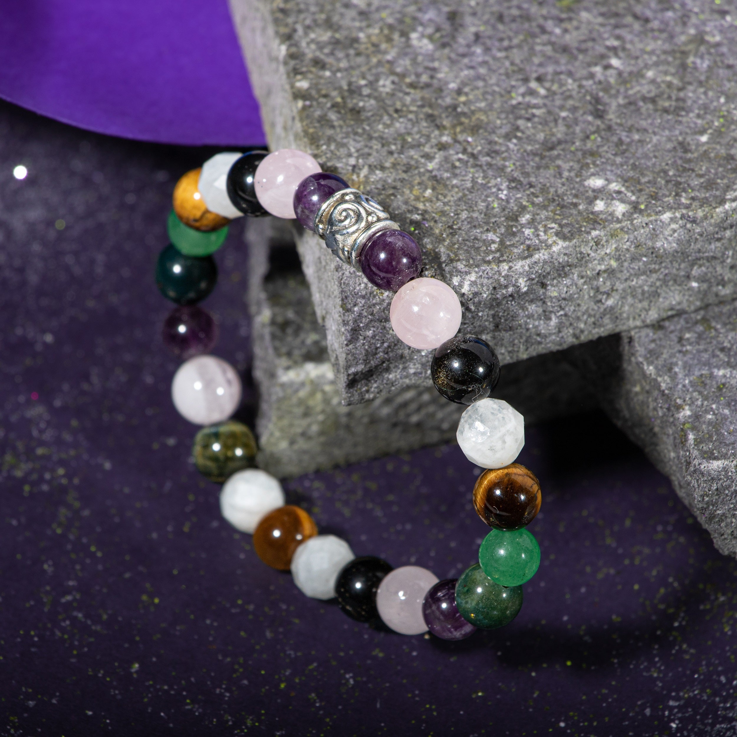 Yengeç Burcu Bileklik Ametist, Ay Taşı, Golden Obsidyen, Kan Taşı, Kaplan Gözü, Pembe Kuvars, Yeşil Aventurin