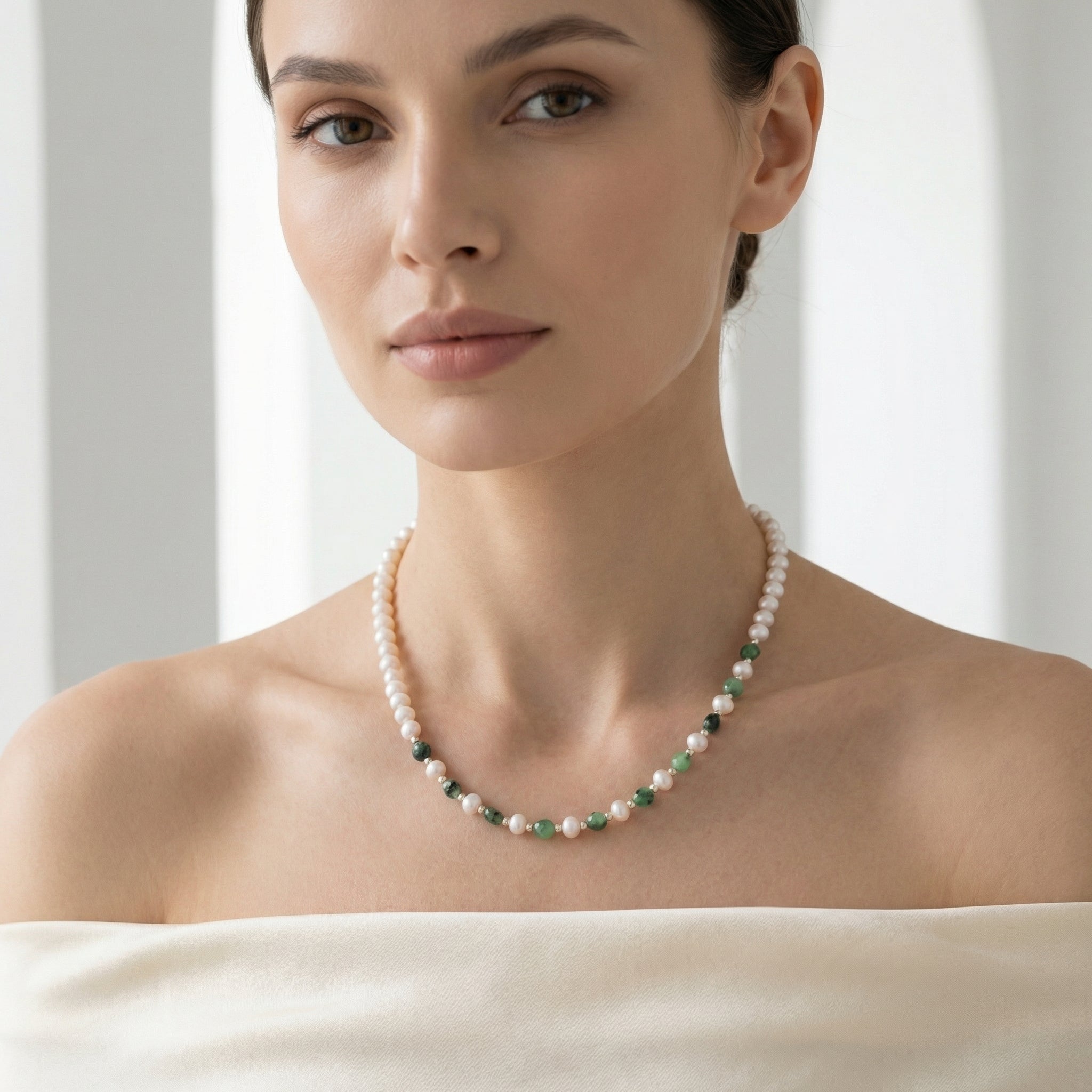 Laboratory Certified Pearl & Anyolite Natural Stone 925 Sterling Silver Necklace