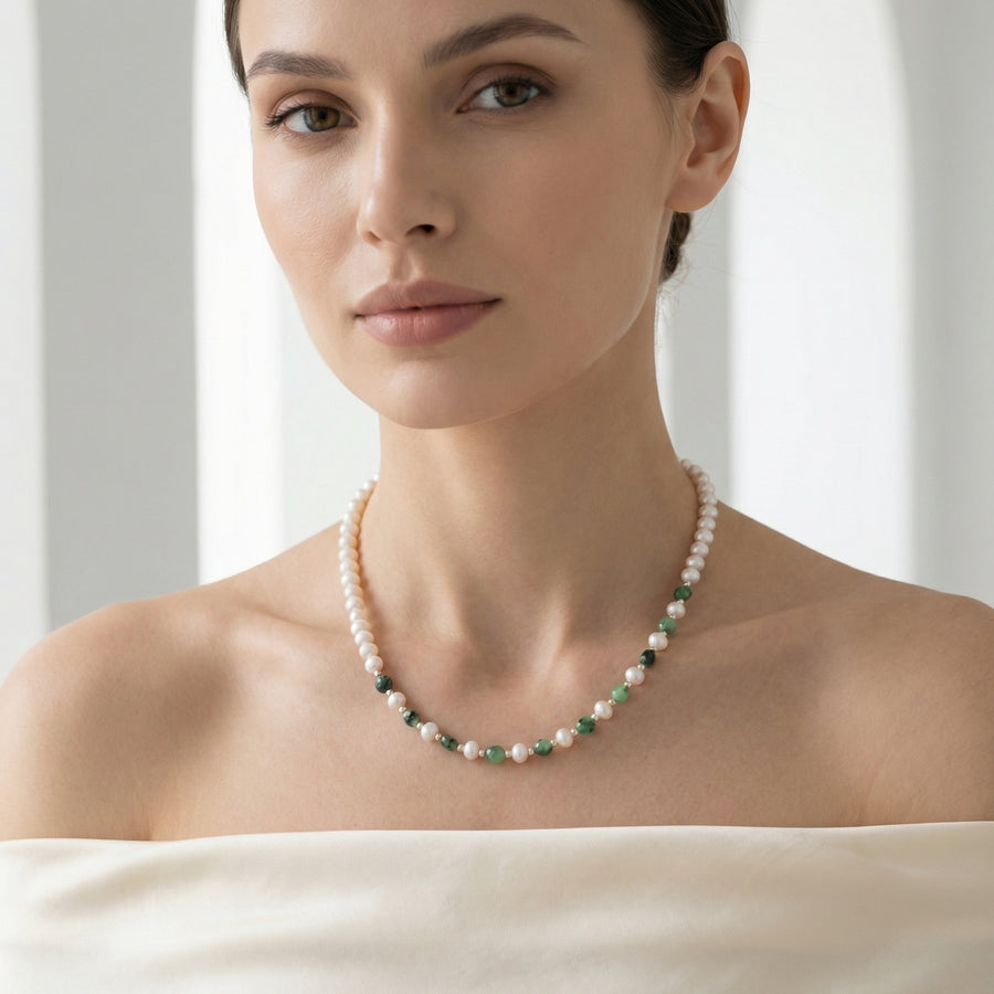 Laboratory Certified Pearl & Anyolite Natural Stone 925 Sterling Silver Necklace
