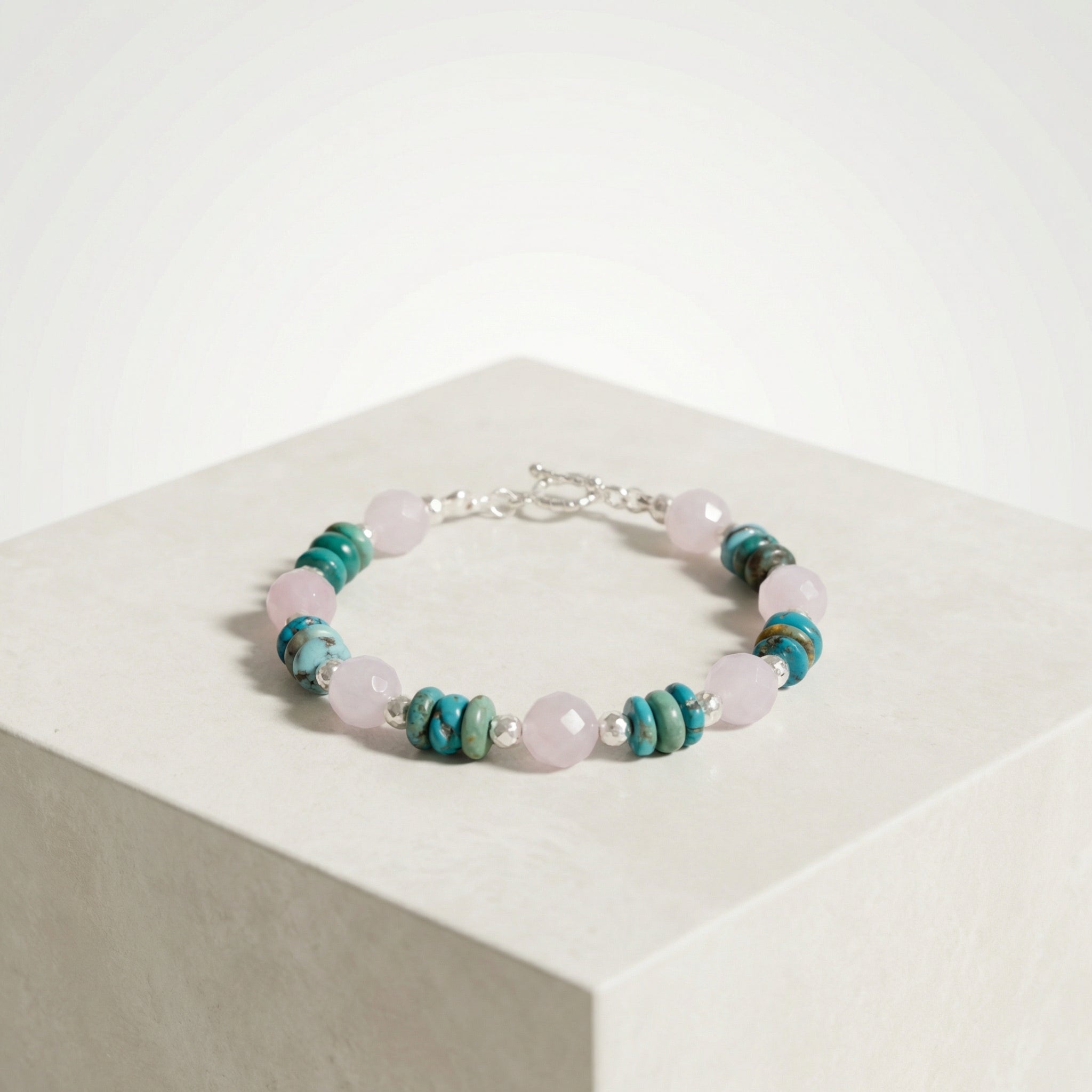 Laboratory Certified Rose Quartz & Turquoise 925 Sterling Silver Bracelet
