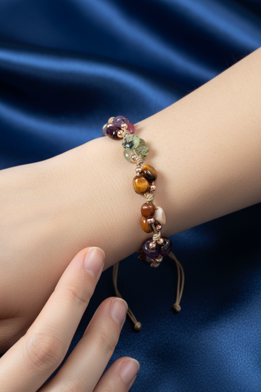 Laboratory Certified Capricorn Zodiac Natural Stone Macramé Bracelet – Amethyst, Garnet (Lal), Jasper, Tiger’s Eye, Kunzite, Prehnite & Multicolor Tourmaline