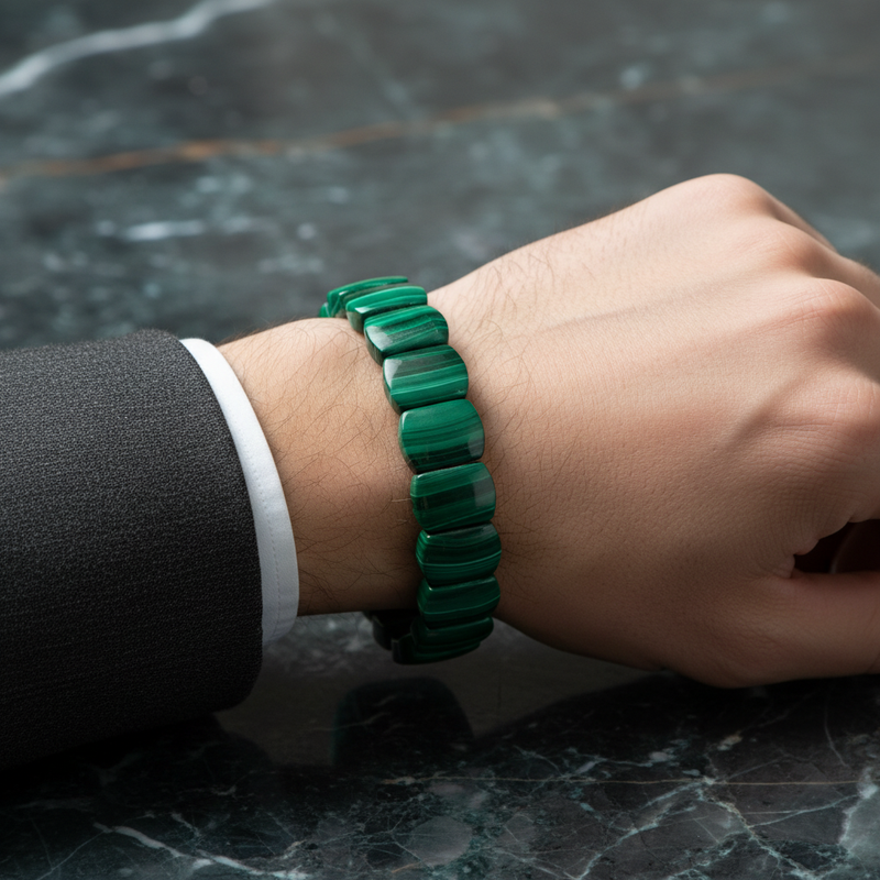 Laboratory Certified Malachite Wide Cut Natural Gemstone Bracelet
