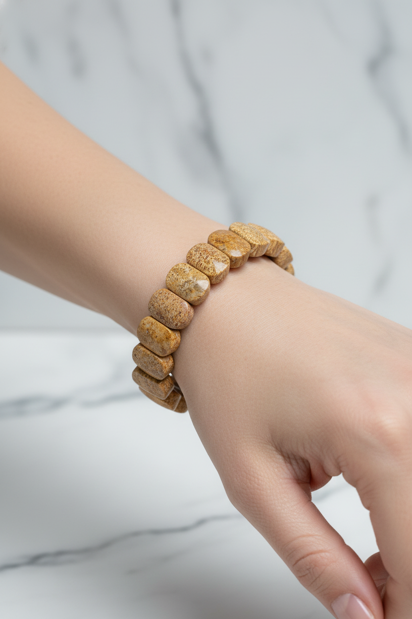 Fossil Coral Wide Cut Natural Gemstone Bracelet