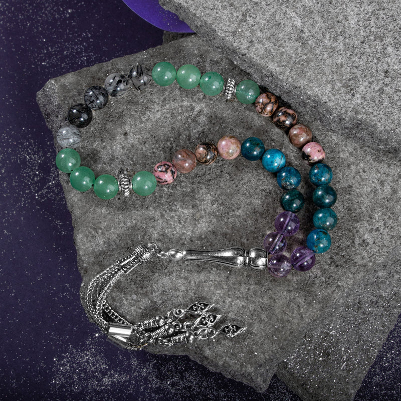 Laboratory Certified Taurus Zodiac Prayer Beads – Ametrine, Blue Apatite, Rhodonite, Rutilated Quartz & Green Aventurine Natural Gemstone