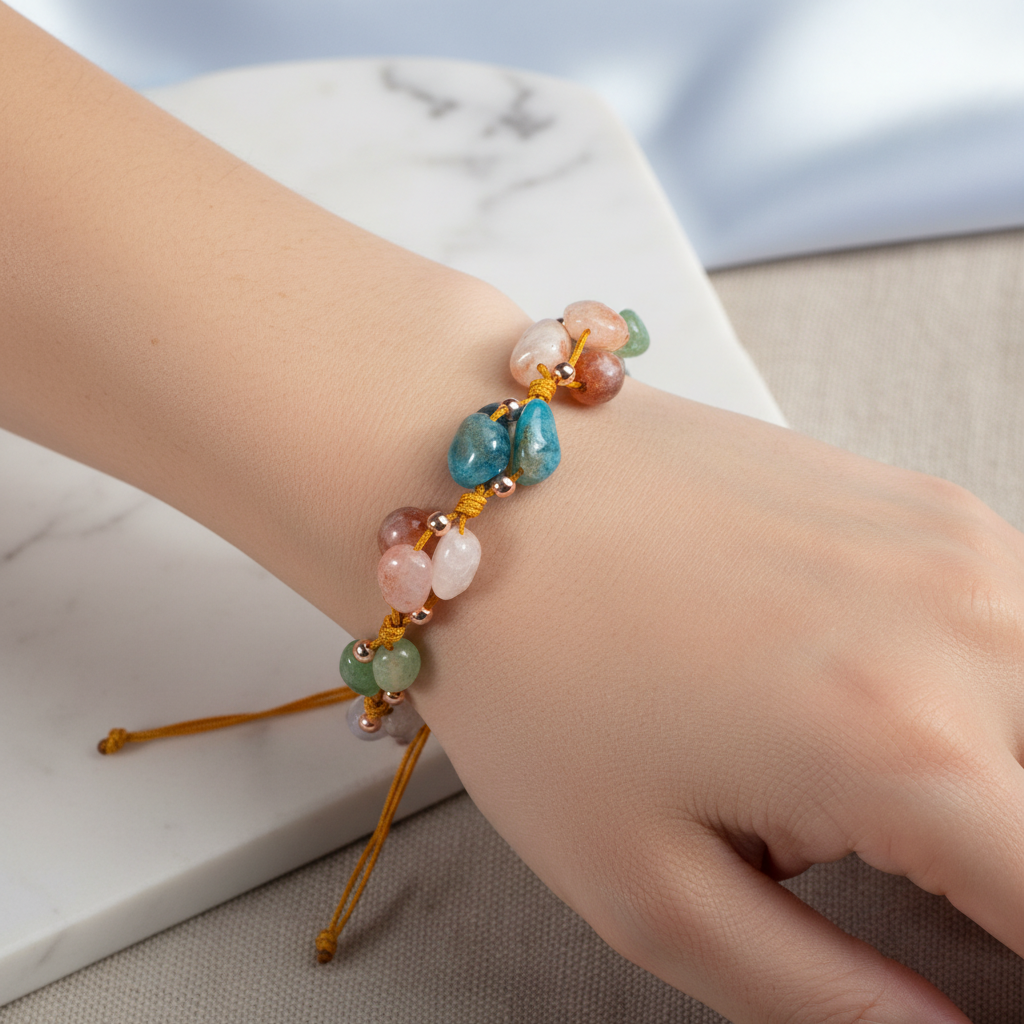 Gemini Zodiac Natural Stone Macramé Bracelet – Moonstone, Sunstone, Chalcedony, Kyanite, Blue Apatite, Rose Quartz, Green Aventurine