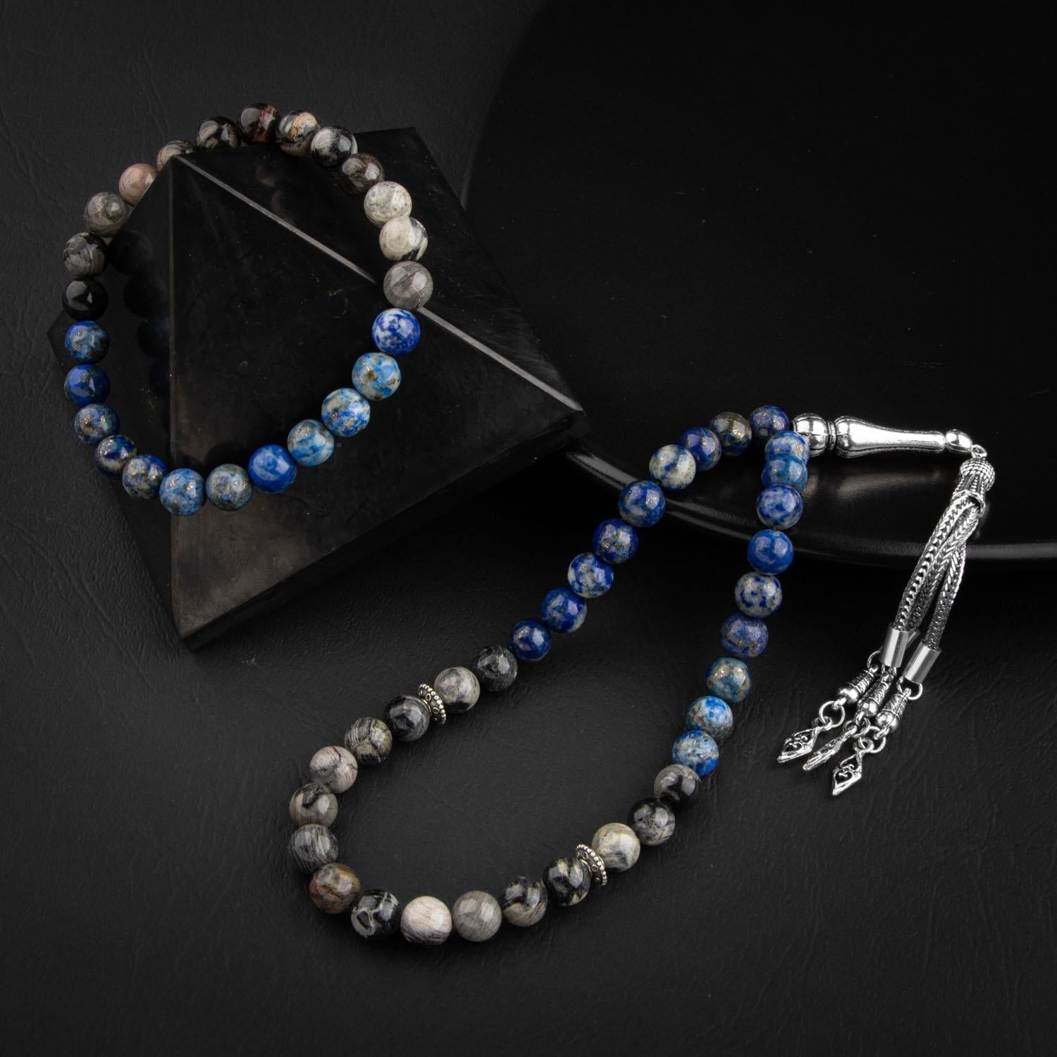 Lapis Lazuli & Jasper Natural Gemstone Prayer Beads & Bracelet Set