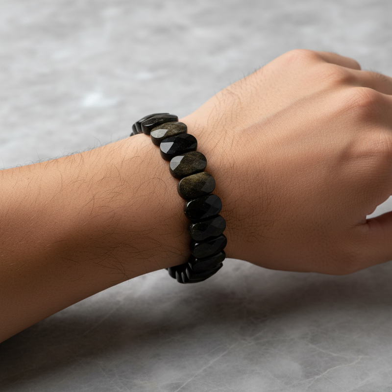 Laboratory Certified Rainbow Obsidian Wide Cut Natural Gemstone Bracelet
