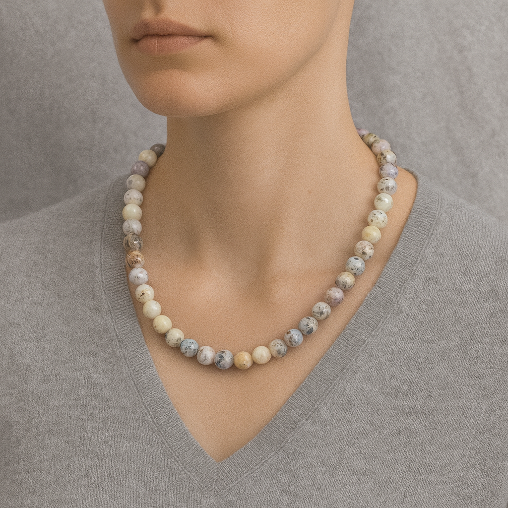 Laboratory Certified Dendritic Opal 8 mm Natural Stone Necklace