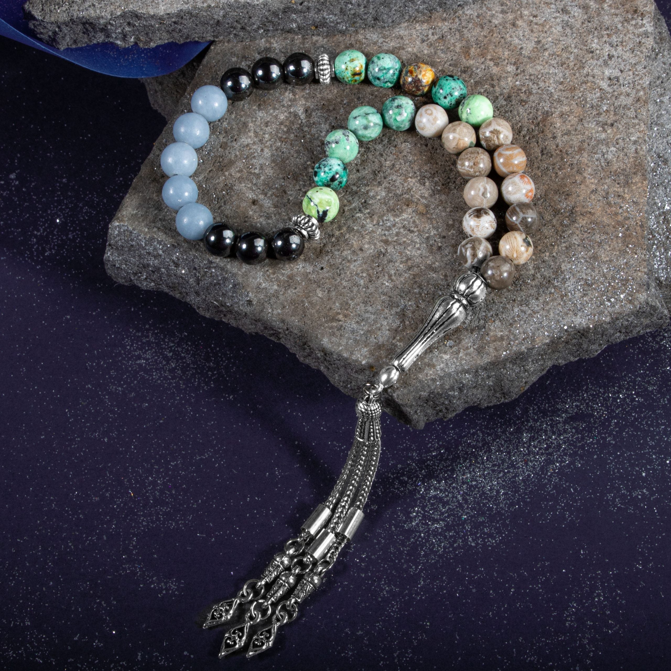 Aquarius Zodiac Prayer Beads – Angelite, Fossil Coral, Hematite & Chrysocolla Natural Gemstone