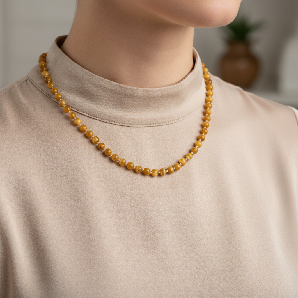 Laboratory Certified Yellow Jasper Natural Stone 6 mm Knotted Necklace