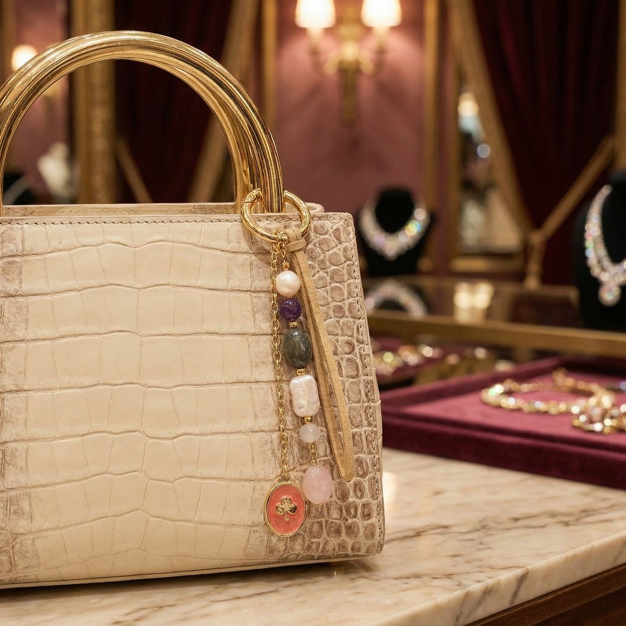 Laboratory Certified Natural Stone Bag Charm – Pearl, Amethyst, Labradorite, Mother of Pearl & Rose Quartz