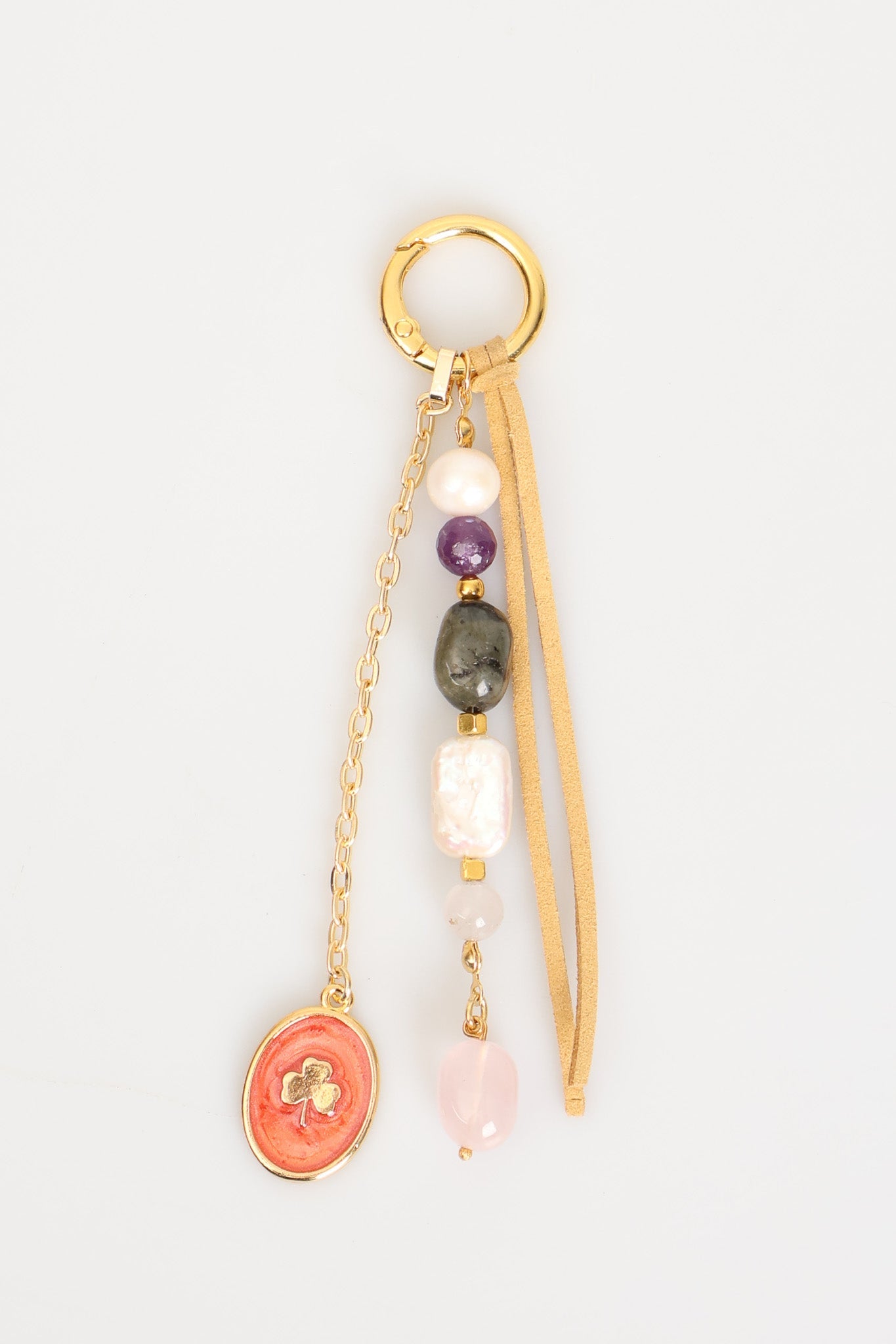 Laboratory Certified Natural Stone Bag Charm – Pearl, Amethyst, Labradorite, Mother of Pearl & Rose Quartz