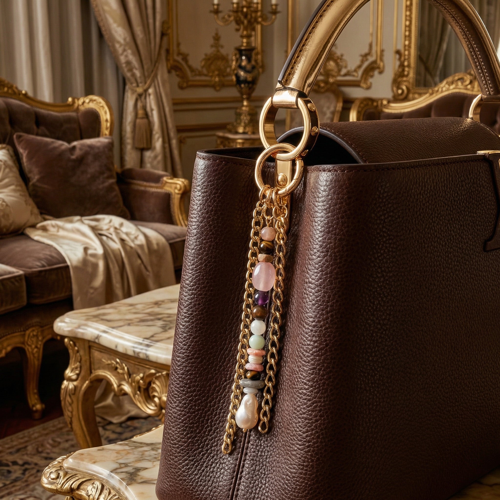 Laboratory Certified Natural Stone Bag Charm – Pearl, Amethyst, Rhodochrosite, Bronzite, Sunstone, Selenite & Labradorite