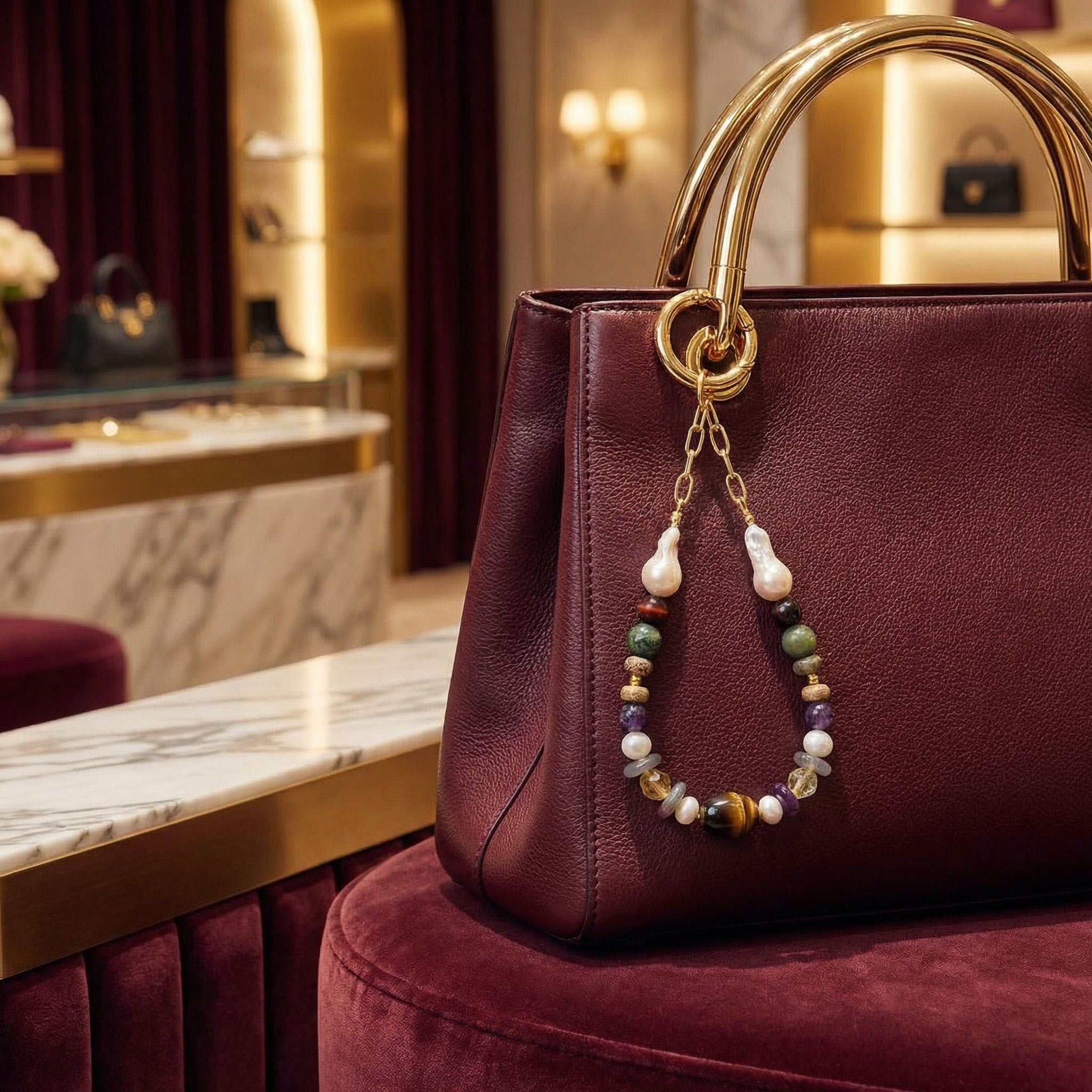 Laboratory Certified Natural Stone Bag Charm – Pearl, Jade, Tiger’s Eye, Citrine, Amethyst, Jasper & Labradorite